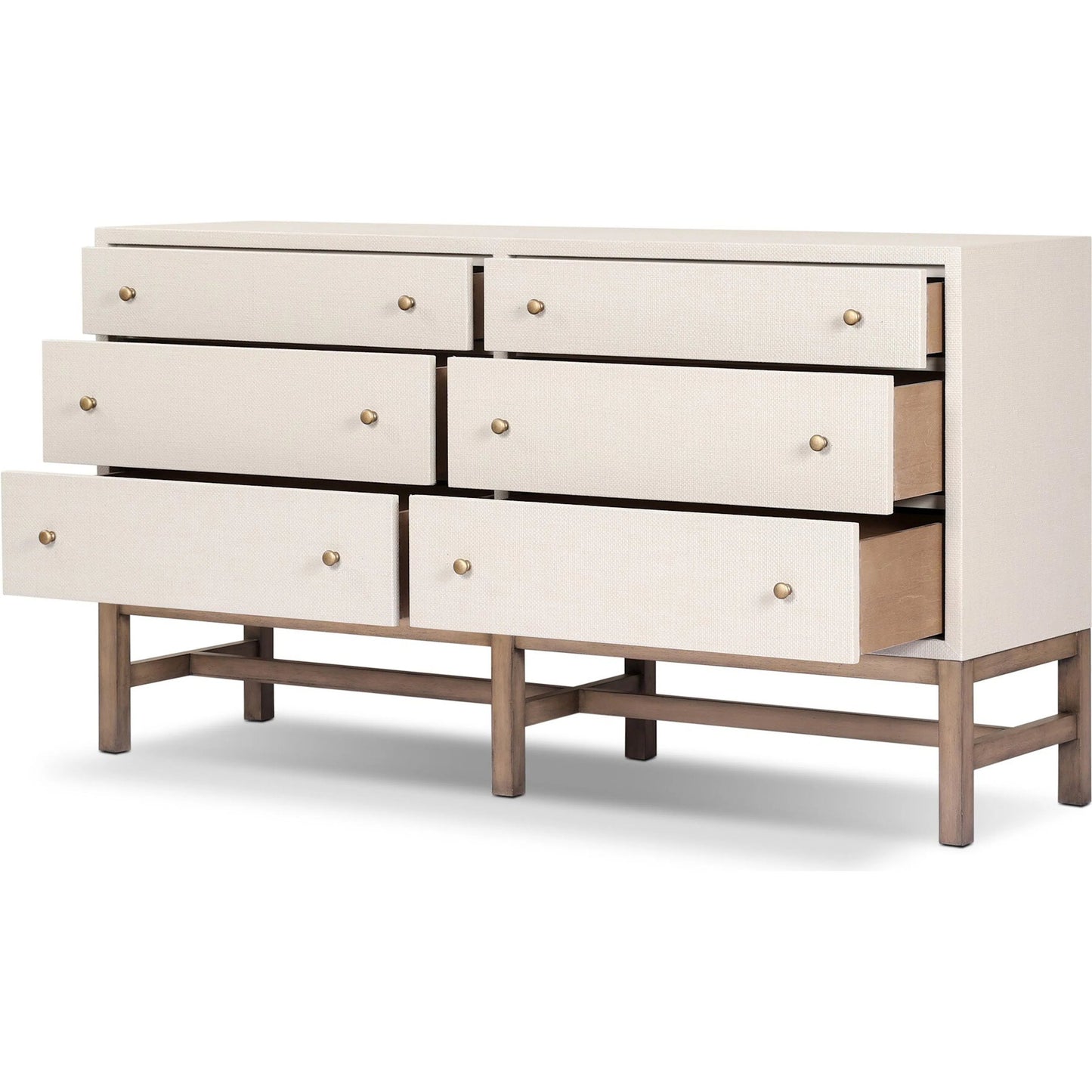 008 SI-2519171 | Closeup | Fiona 6 Drawer Dresser by Four Hands in ivory painted raffia, russet mahogany, light antique brass. Made from sugar palm, solid mahogany, steel in a transitional style.