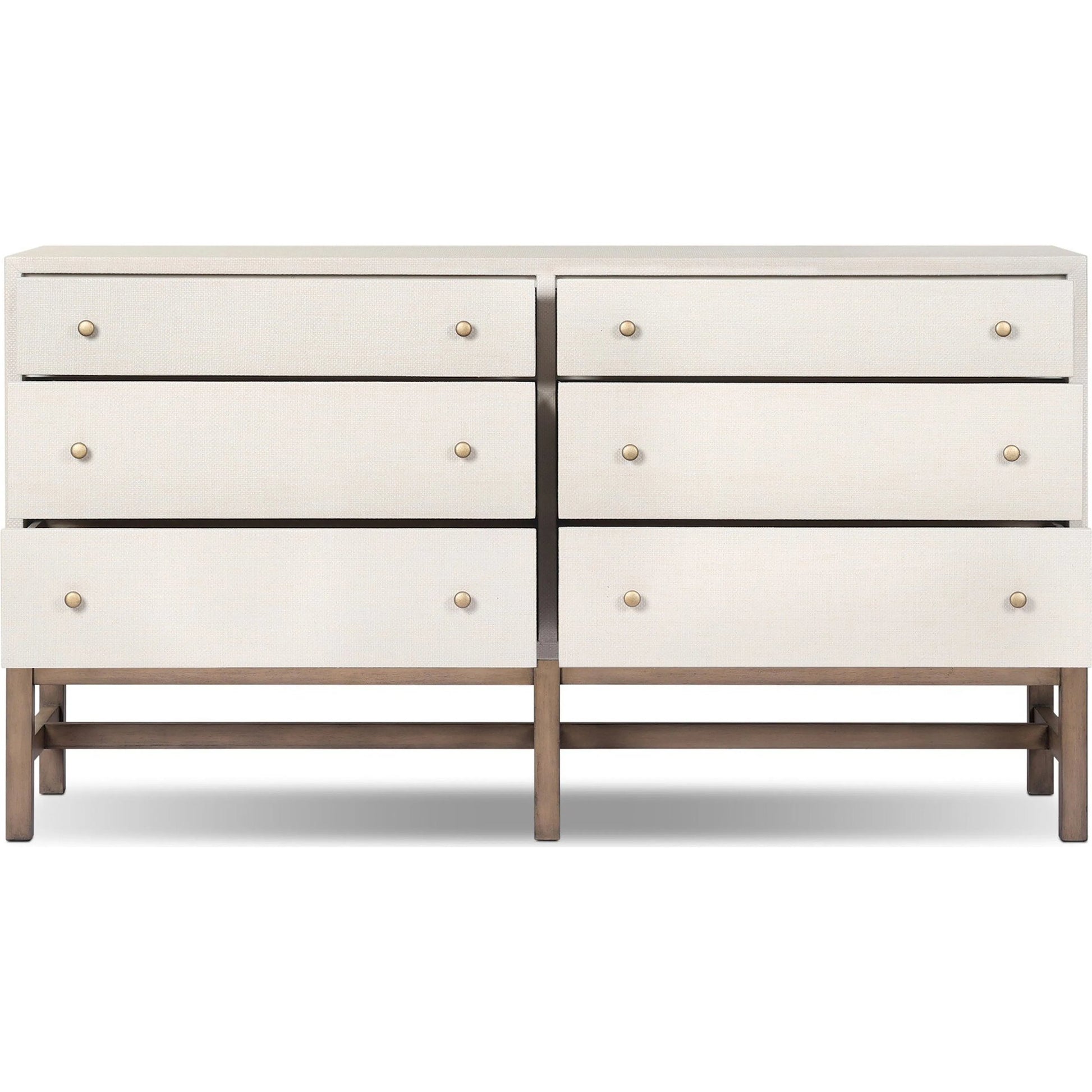 Fiona 6 Drawer Dresser by Four Hands in ivory painted raffia, russet mahogany, light antique brass. Made from sugar palm, solid mahogany, steel in a transitional style.