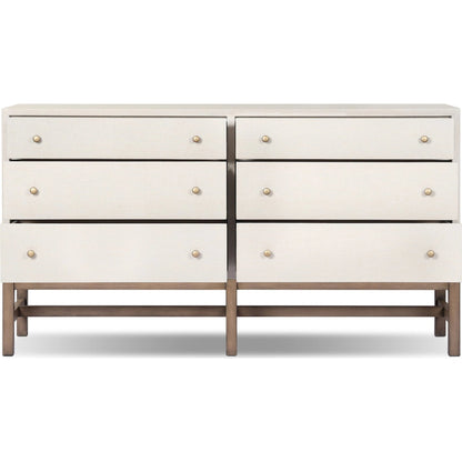 Fiona 6 Drawer Dresser by Four Hands in ivory painted raffia, russet mahogany, light antique brass. Made from sugar palm, solid mahogany, steel in a transitional style.