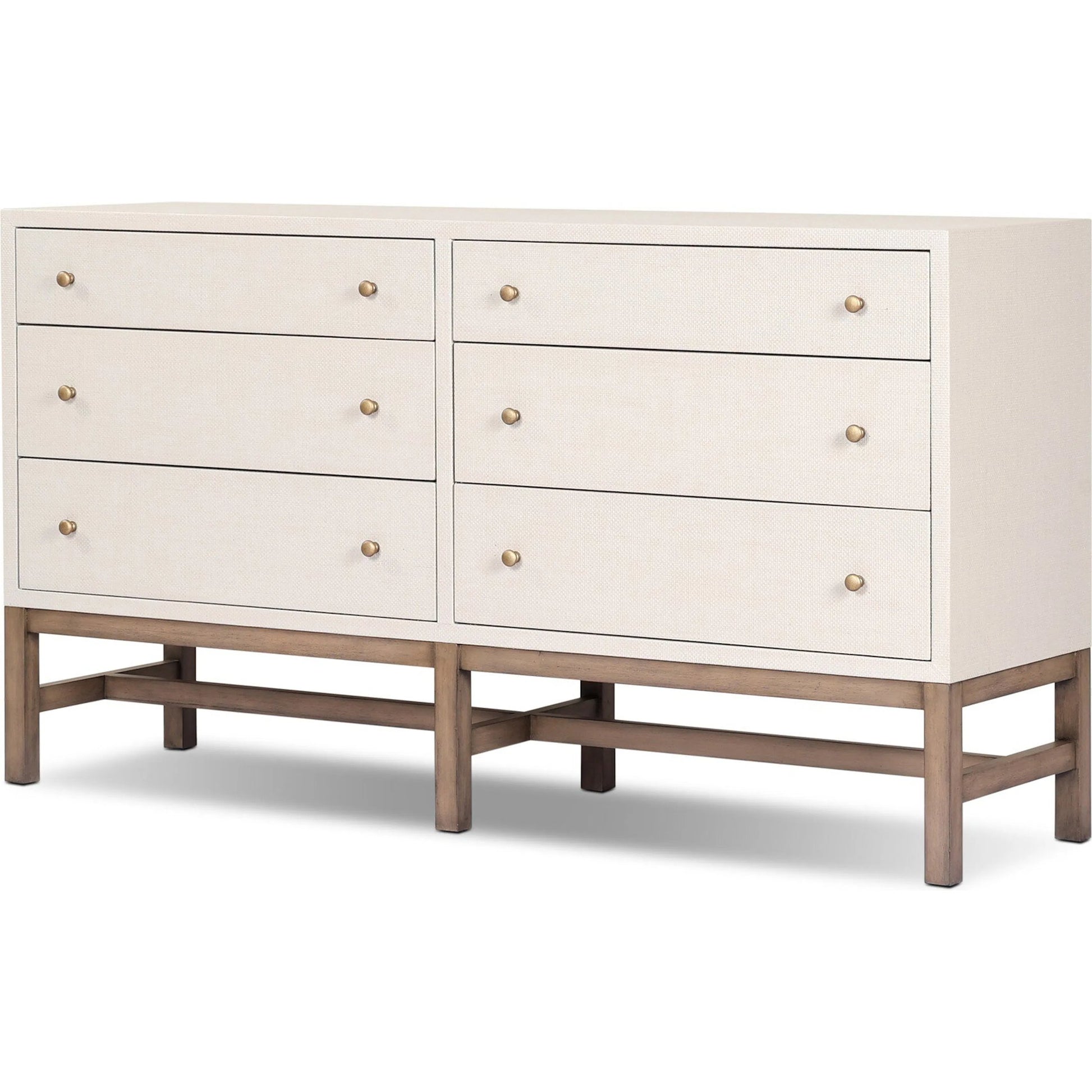 Fiona 6 Drawer Dresser by Four Hands in ivory painted raffia, russet mahogany, light antique brass. Made from sugar palm, solid mahogany, steel in a transitional style.
