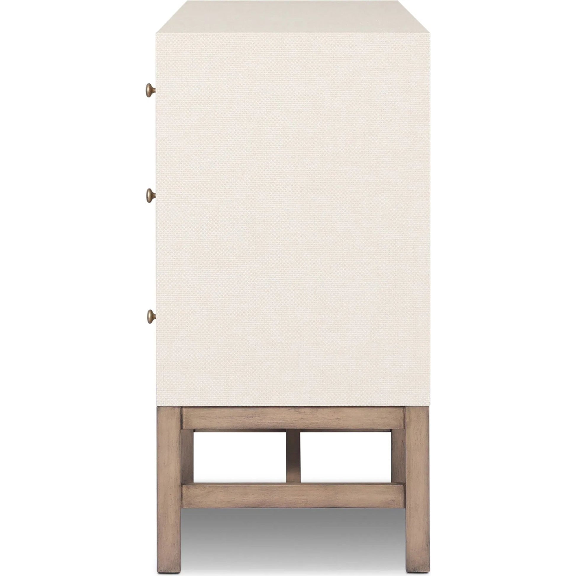 Fiona 6 Drawer Dresser by Four Hands in ivory painted raffia, russet mahogany, light antique brass. Made from sugar palm, solid mahogany, steel in a transitional style.