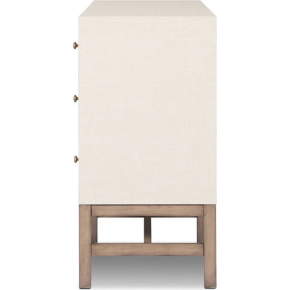 Fiona 6 Drawer Dresser by Four Hands in ivory painted raffia, russet mahogany, light antique brass. Made from sugar palm, solid mahogany, steel in a transitional style.