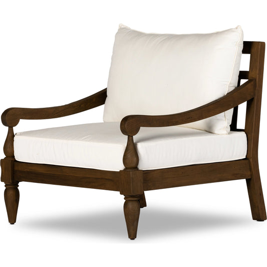 Alameda Outdoor Chair by Four Hands in venao ivory and heritage brown. Made from 100% olefin, solid fsc® reclaimed teak, 91% polyurethane foam pad, 9% polyester fiber batting in a traditional style.