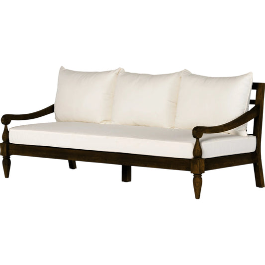 Alameda Outdoor Sofa by Four Hands in venao ivory, heritage brown. Made from 100% olefin, solid fsc® reclaimed teak, 91% polyurethane foam pad, 9% polyester fiber batting in a traditional style.