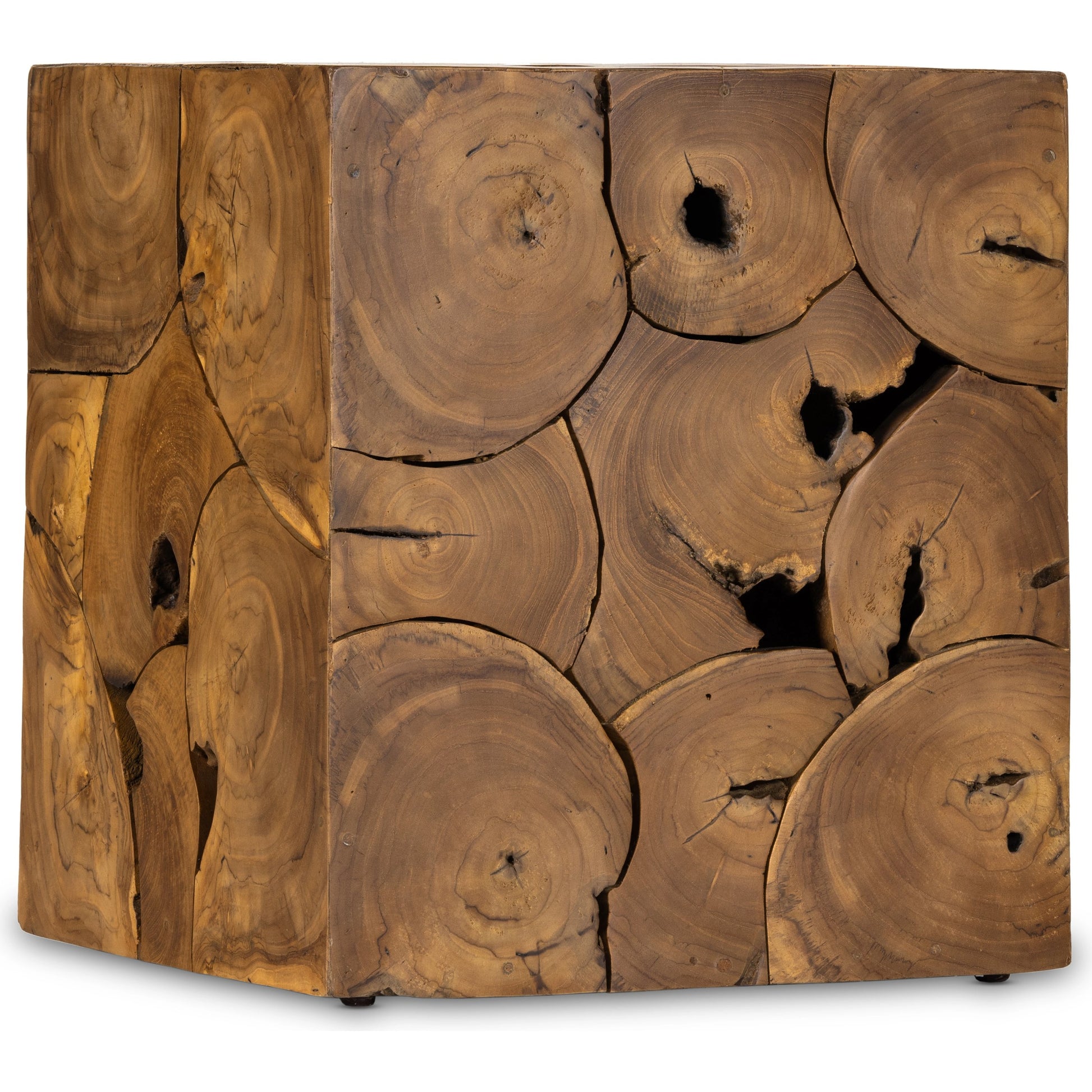 Tomlin Outdoor End Table by Four Hands in teak root. Made from solid teak in a modern style.
