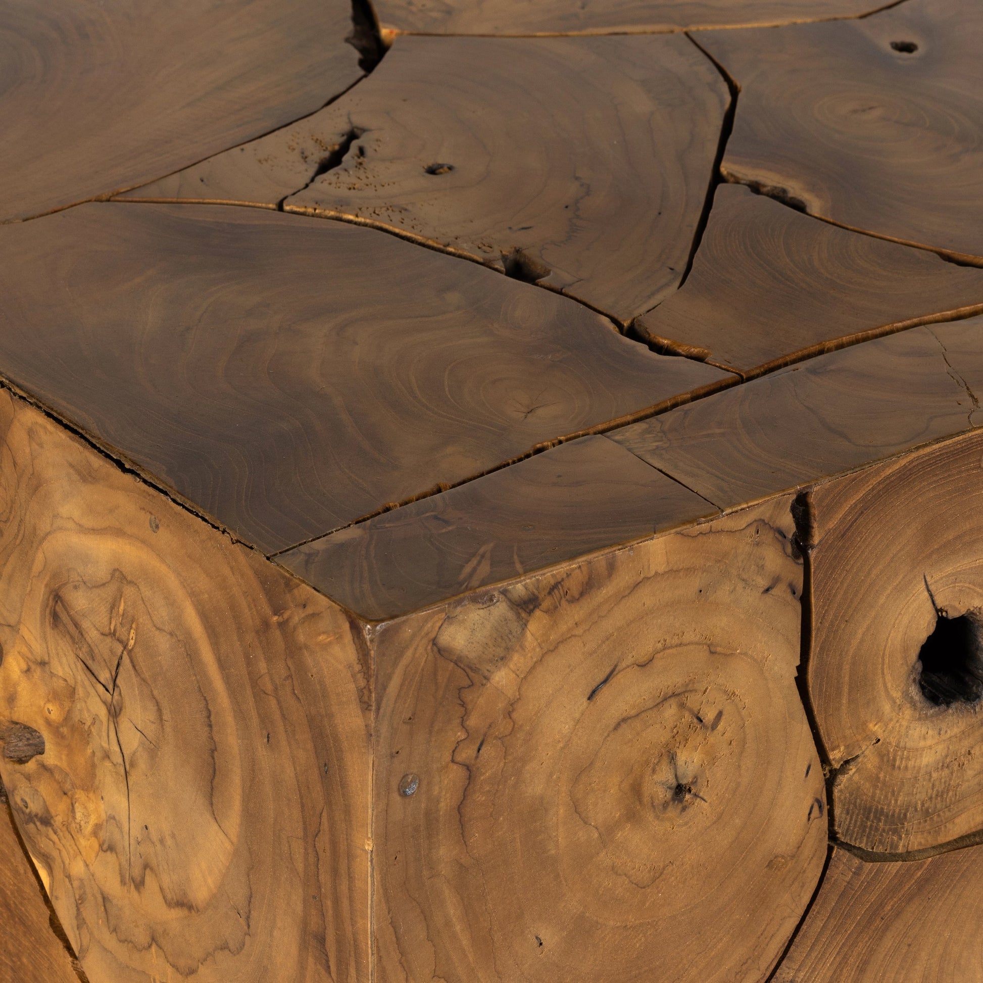 Tomlin Outdoor End Table by Four Hands in teak root. Made from solid teak in a modern style.
