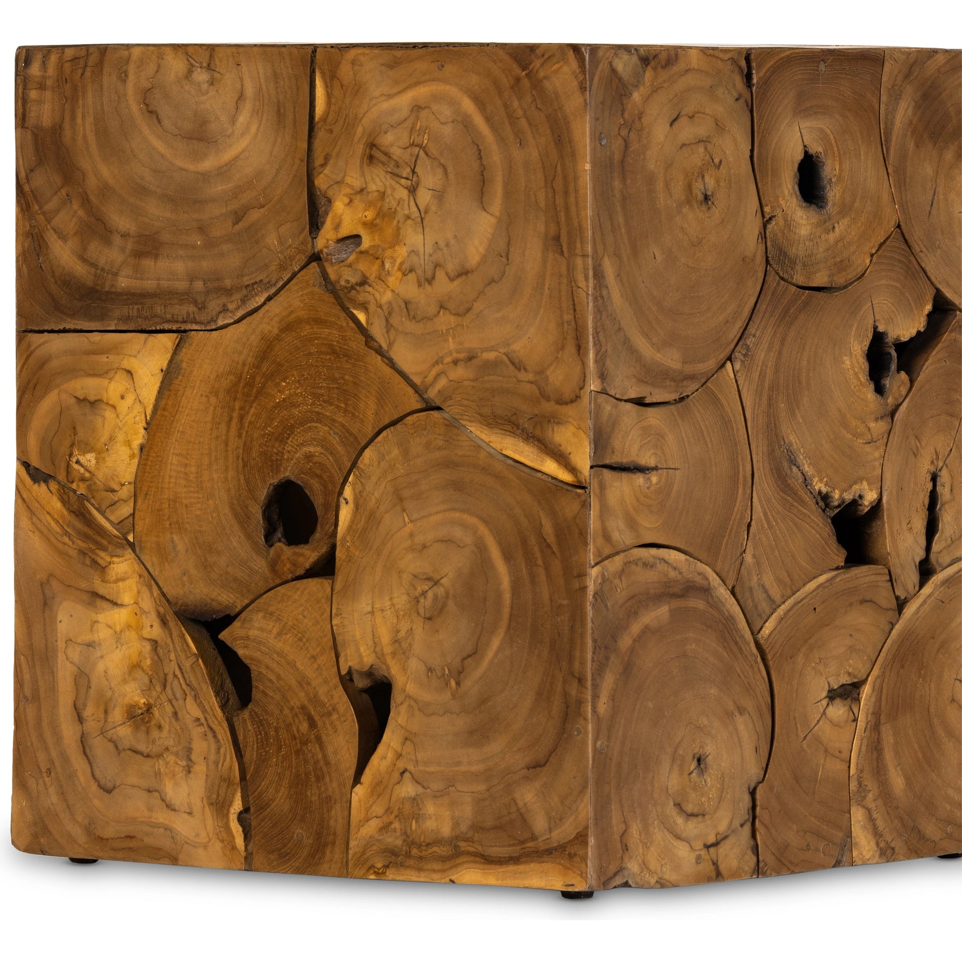 Tomlin Outdoor End Table by Four Hands in teak root. Made from solid teak in a modern style.