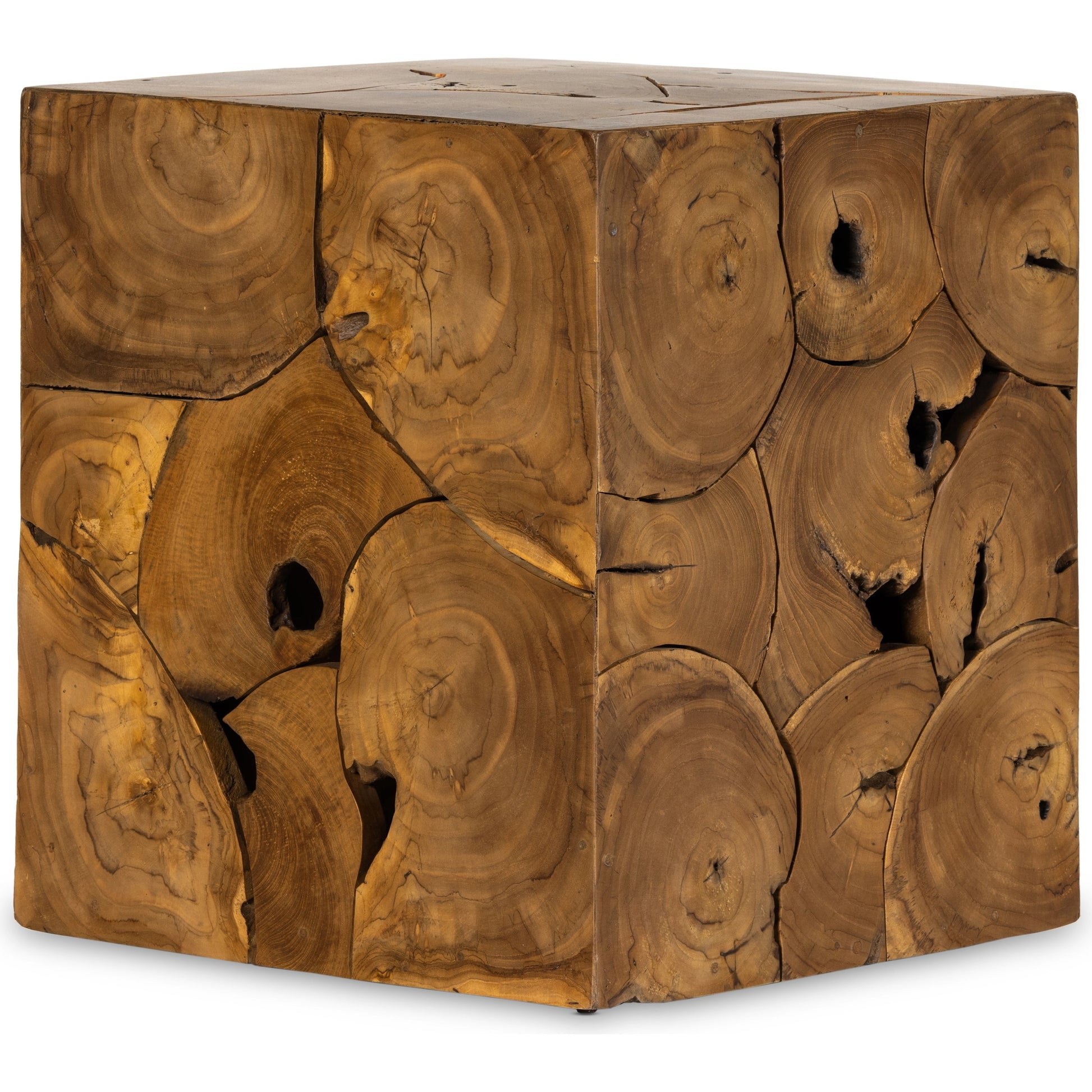 Tomlin Outdoor End Table by Four Hands in teak root. Made from solid teak in a modern style.