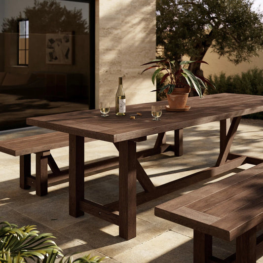 Stewart Outdoor Dining Table by Four Hands in heritage brown. Made from solid fsc® reclaimed teak in a modern style.