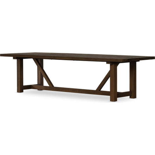 Stewart Outdoor Dining Table by Four Hands in heritage brown. Made from solid fsc® reclaimed teak in a modern style.