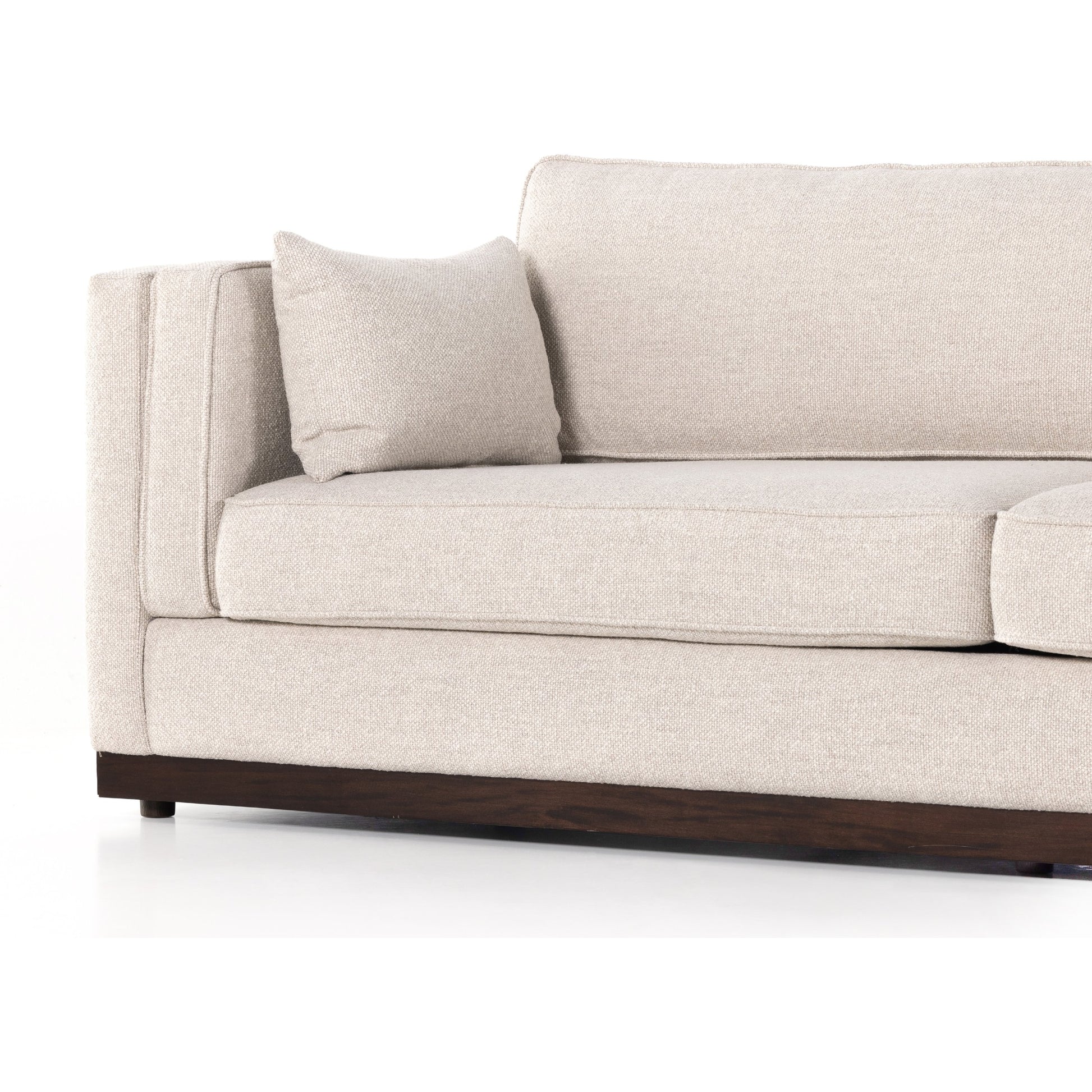 Lawrence Sofa by Four Hands in nova taupe, dark auburn. Made from 100% polyester, solid rosa morada, pine plywood in a transitional style.