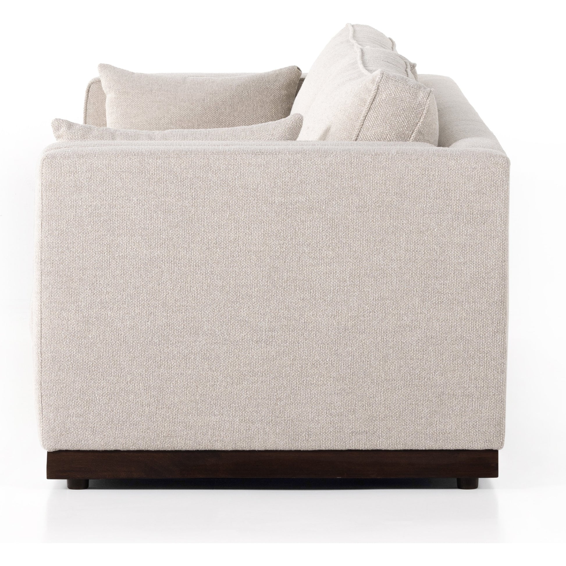 Lawrence Sofa by Four Hands in nova taupe, dark auburn. Made from 100% polyester, solid rosa morada, pine plywood in a transitional style.