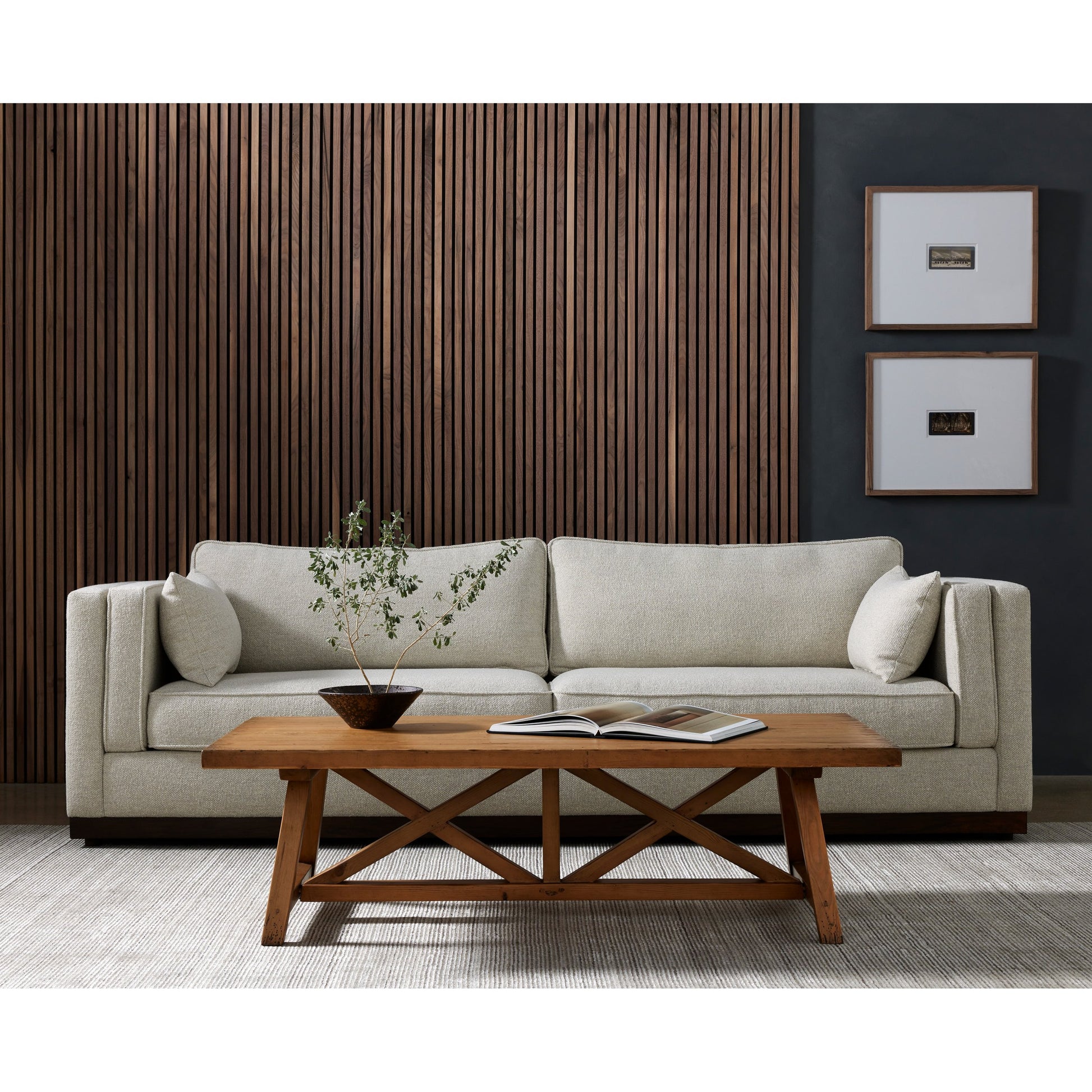 Lawrence Sofa by Four Hands in nova taupe, dark auburn. Made from 100% polyester, solid rosa morada, pine plywood in a transitional style.