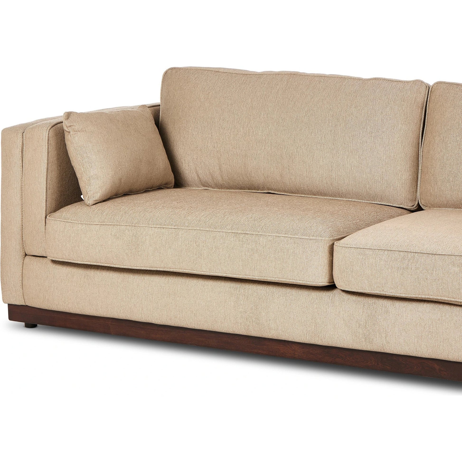 Lawrence Sofa by Four Hands in nova taupe, dark auburn. Made from 100% polyester, solid rosa morada, pine plywood in a transitional style.