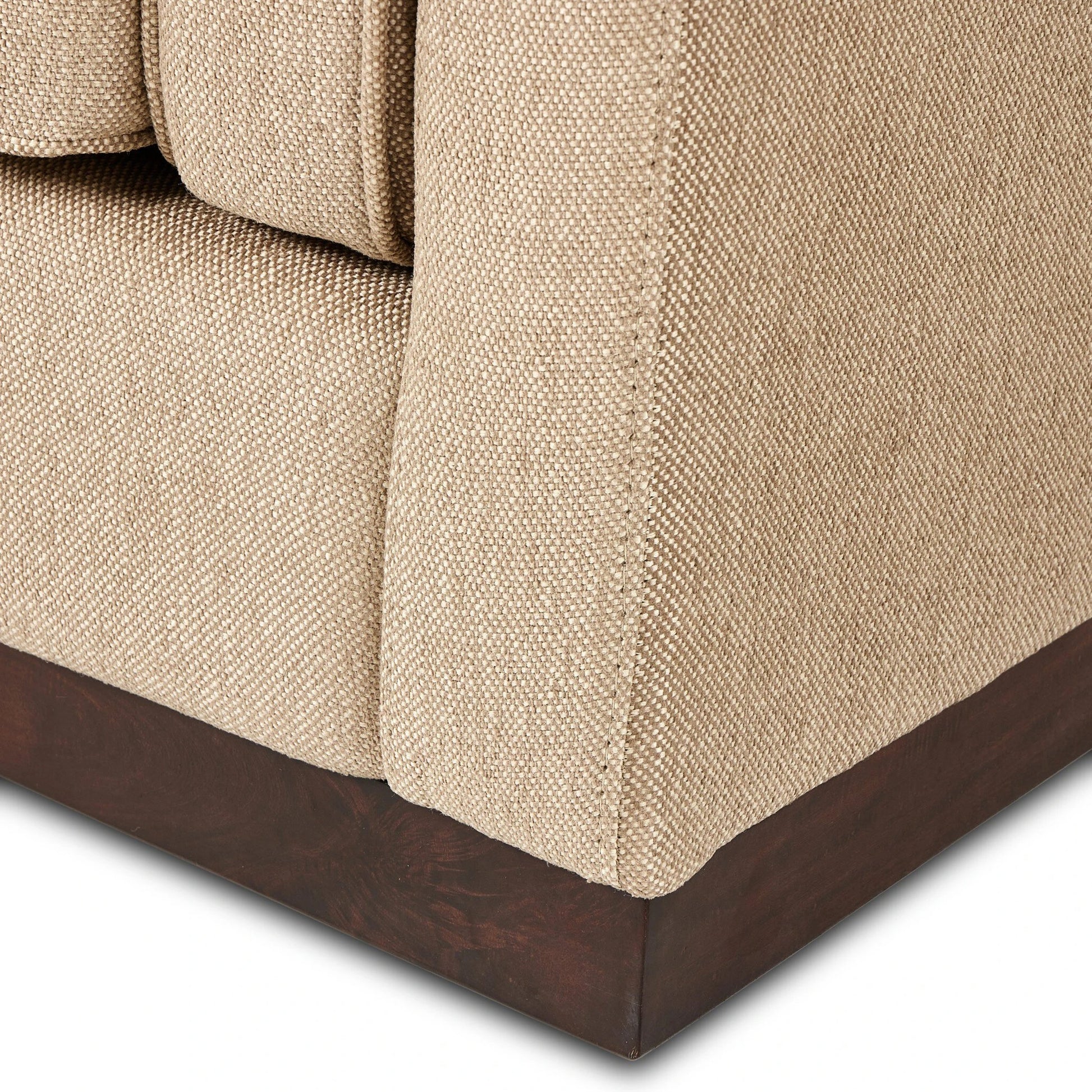 Lawrence Sofa by Four Hands in nova taupe, dark auburn. Made from 100% polyester, solid rosa morada, pine plywood in a transitional style.