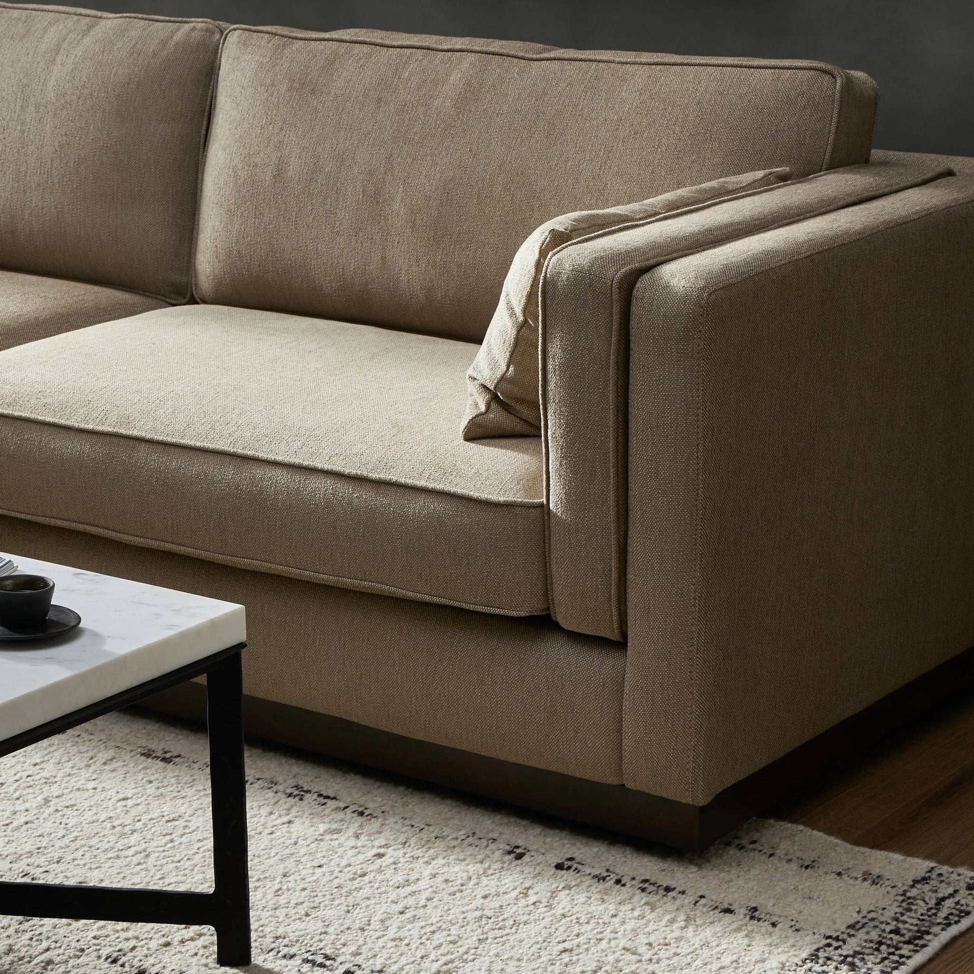 Lawrence Sofa by Four Hands in nova taupe, dark auburn. Made from 100% polyester, solid rosa morada, pine plywood in a transitional style.