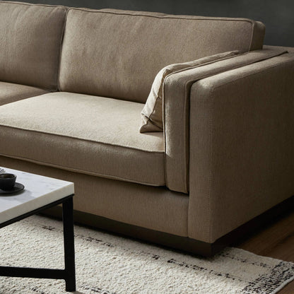 Lawrence Sofa by Four Hands in nova taupe, dark auburn. Made from 100% polyester, solid rosa morada, pine plywood in a transitional style.