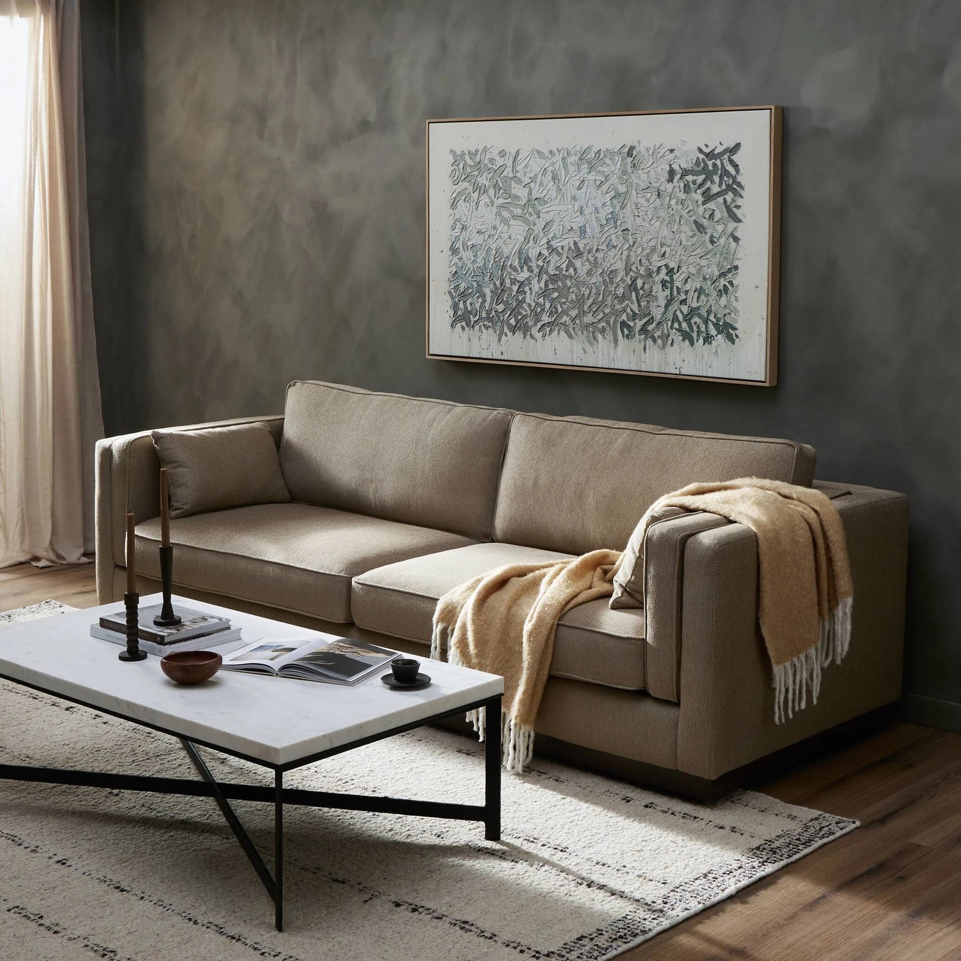 Lawrence Sofa by Four Hands in nova taupe, dark auburn. Made from 100% polyester, solid rosa morada, pine plywood in a transitional style.