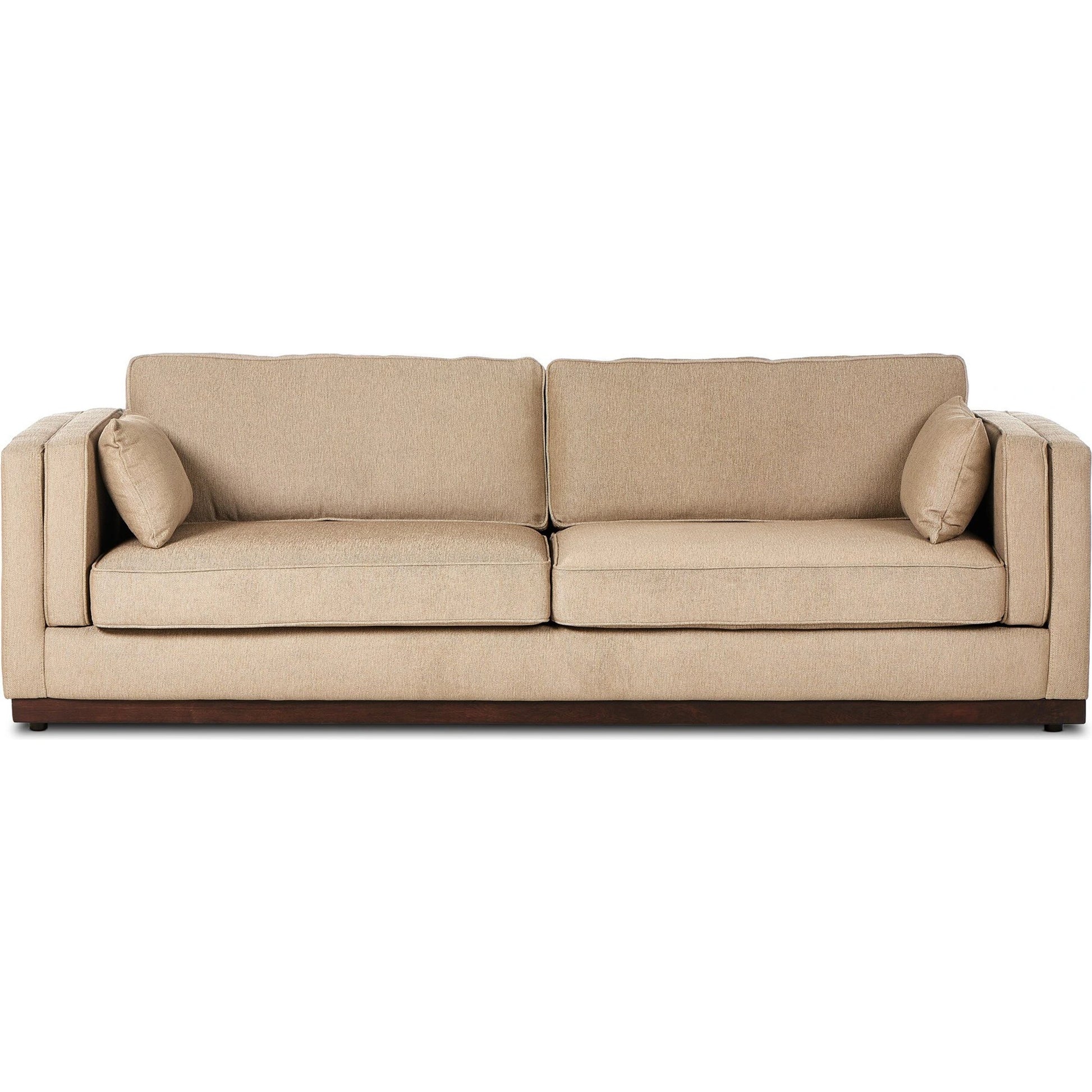 Lawrence Sofa by Four Hands in nova taupe, dark auburn. Made from 100% polyester, solid rosa morada, pine plywood in a transitional style.