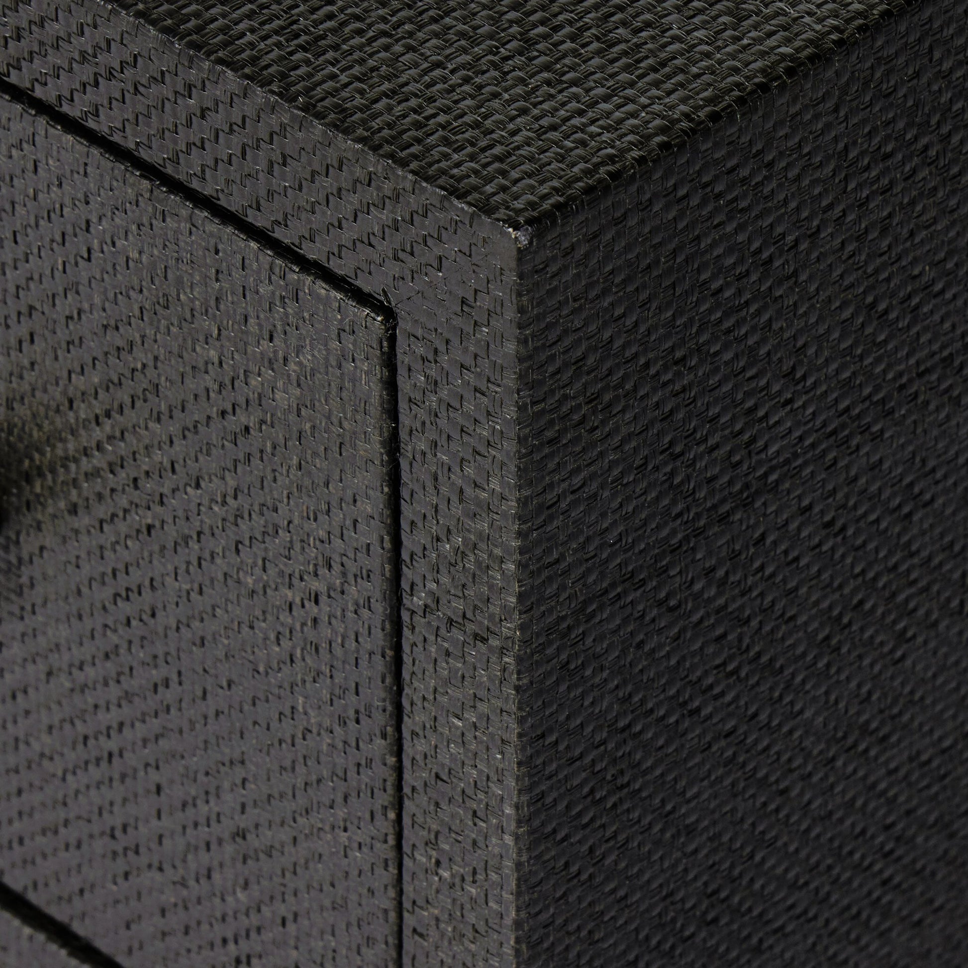 Fiona Nightstand by Four Hands in black raffia. Made from sugar palm, solid mahogany, iron in a modern style.