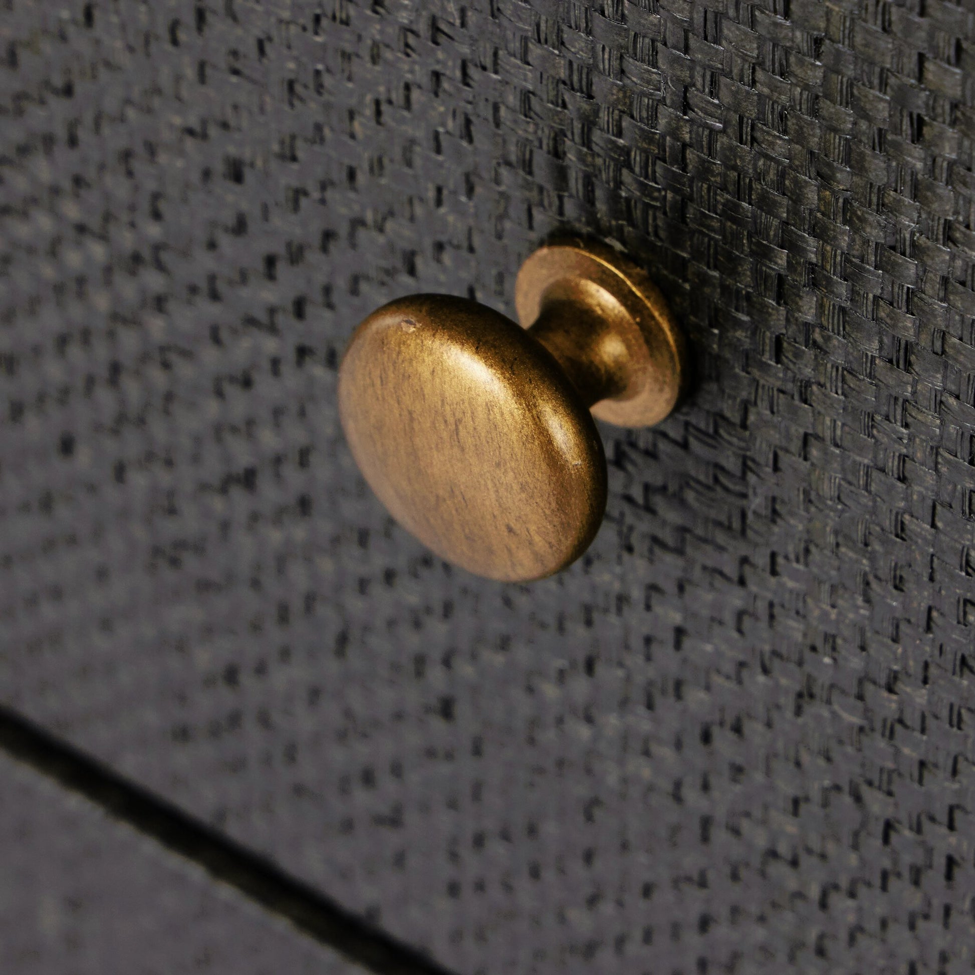 Fiona Nightstand by Four Hands in black raffia. Made from sugar palm, solid mahogany, iron in a modern style.