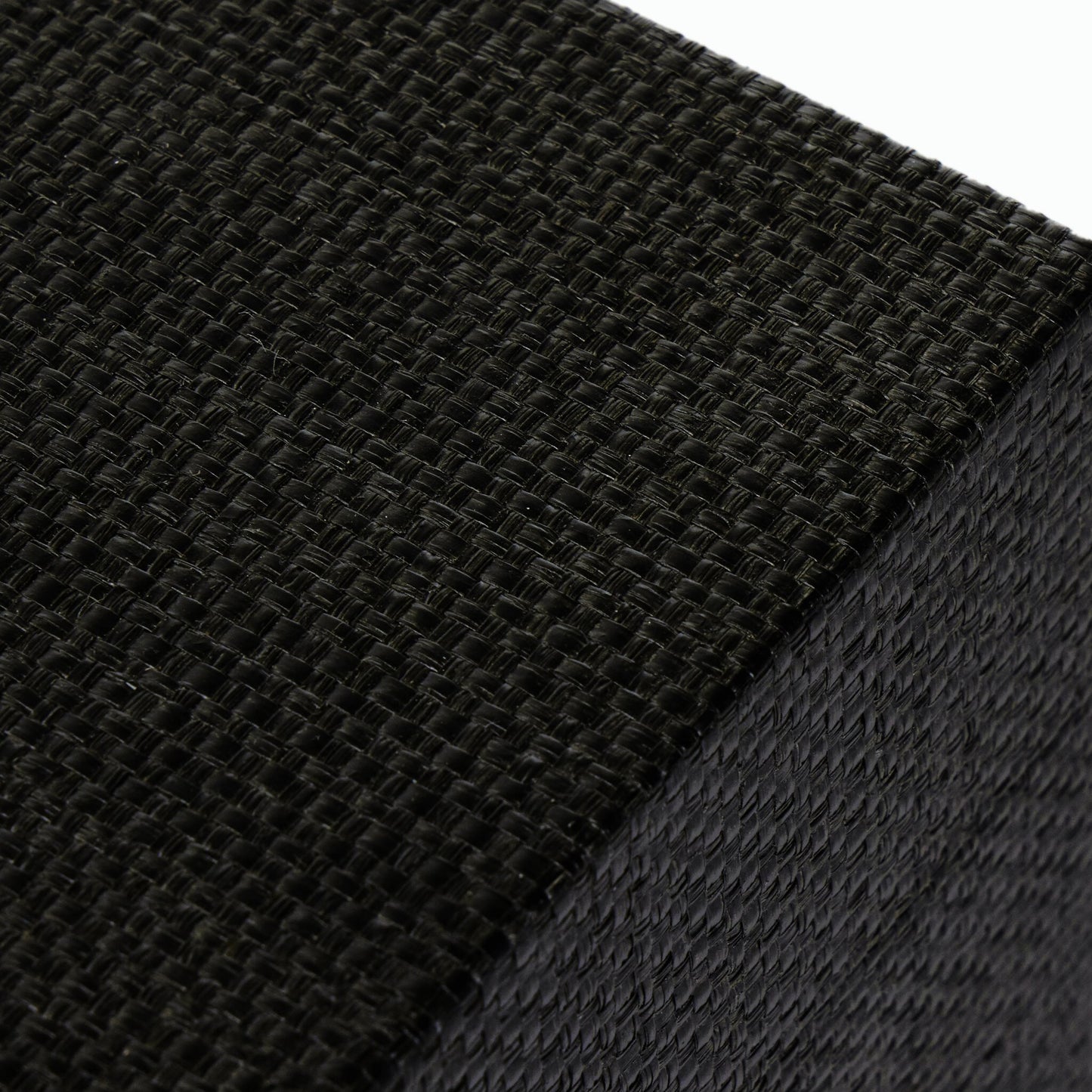 011 SI-2001312 | Closeup | Fiona Nightstand by Four Hands in black raffia, russet mahogany, light antique brass. Made from sugar palm, solid mahogany, iron in a modern style.