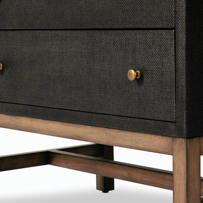 Fiona Nightstand by Four Hands in black raffia. Made from sugar palm, solid mahogany, iron in a modern style.