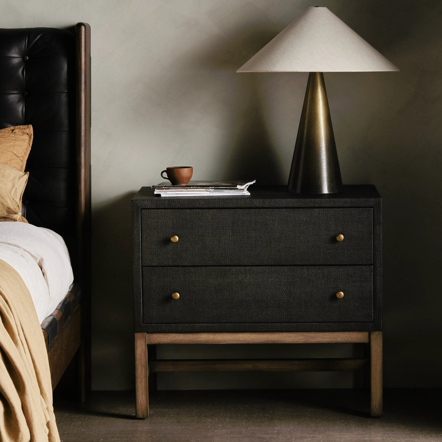 015 SI-2001312 | Lifestyle | Fiona Nightstand by Four Hands in black raffia, russet mahogany, light antique brass. Made from sugar palm, solid mahogany, iron in a modern style.
