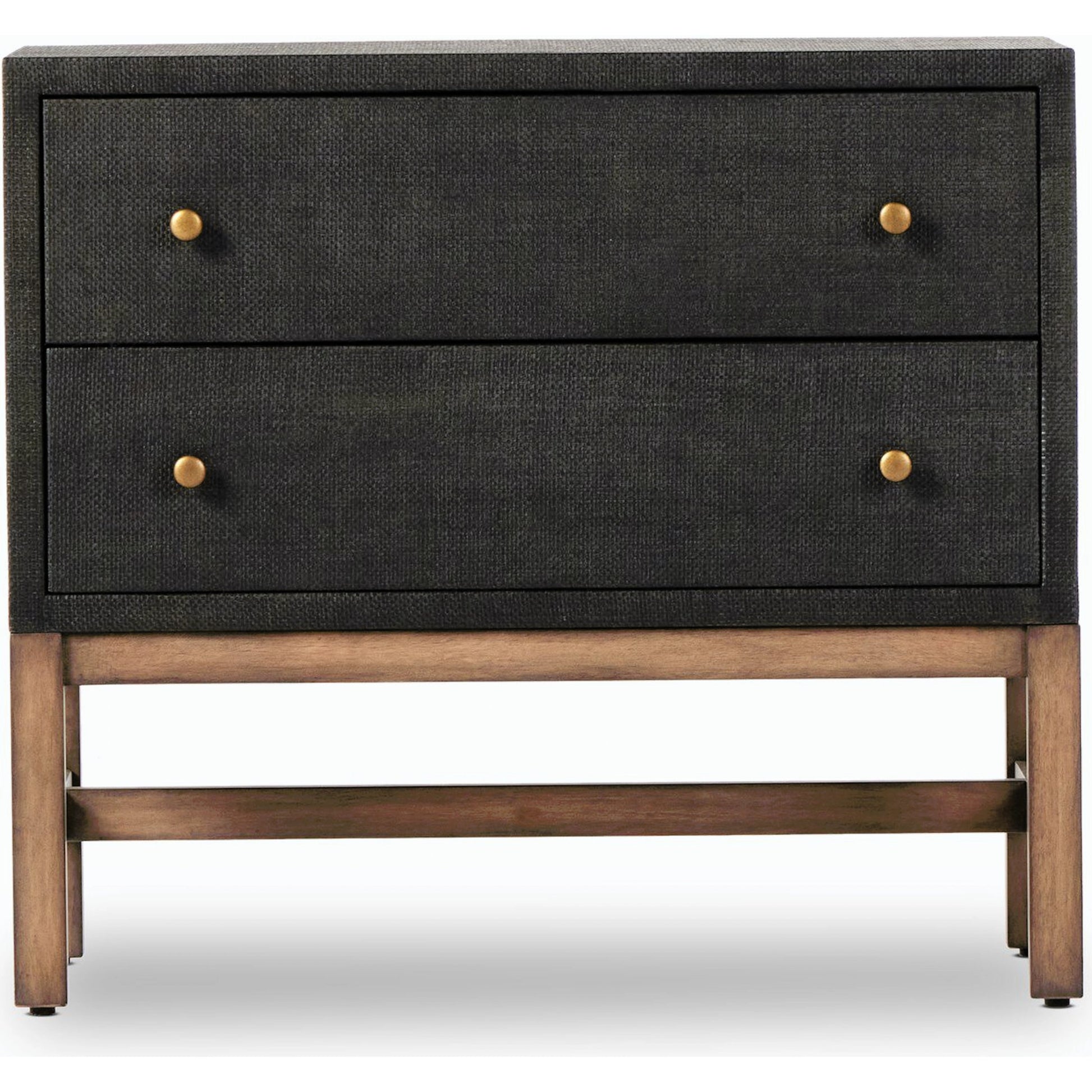 Fiona Nightstand by Four Hands in black raffia. Made from sugar palm, solid mahogany, iron in a modern style.