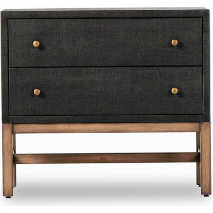 Fiona Nightstand by Four Hands in black raffia. Made from sugar palm, solid mahogany, iron in a modern style.