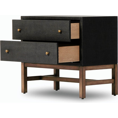 Fiona Nightstand by Four Hands in black raffia. Made from sugar palm, solid mahogany, iron in a modern style.