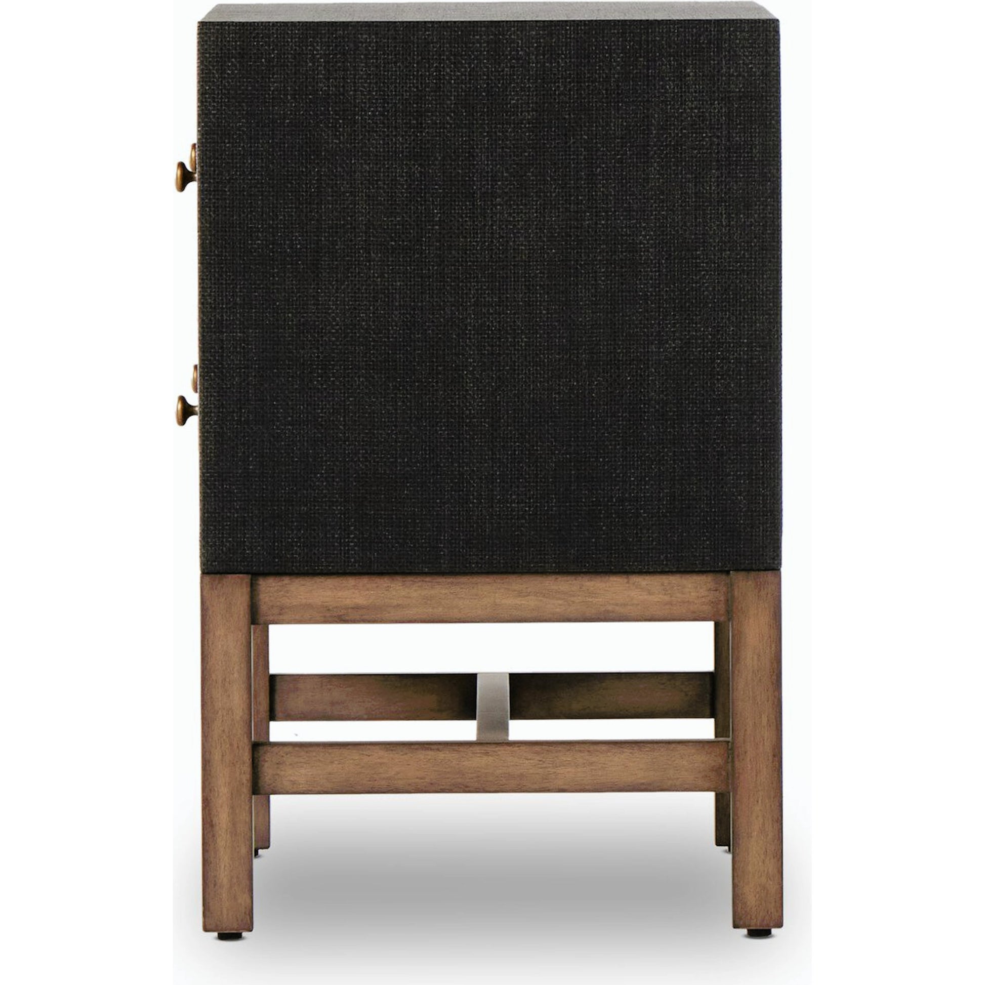 Fiona Nightstand by Four Hands in black raffia. Made from sugar palm, solid mahogany, iron in a modern style.