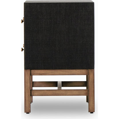 Fiona Nightstand by Four Hands in black raffia. Made from sugar palm, solid mahogany, iron in a modern style.
