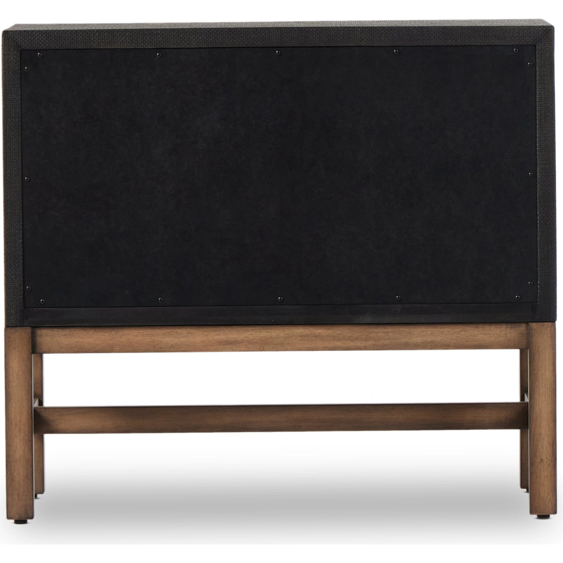 Fiona Nightstand by Four Hands in black raffia. Made from sugar palm, solid mahogany, iron in a modern style.