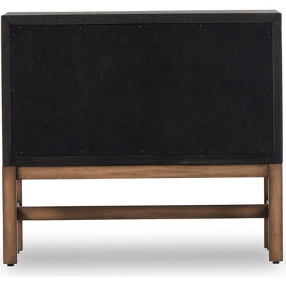 Fiona Nightstand by Four Hands in black raffia. Made from sugar palm, solid mahogany, iron in a modern style.