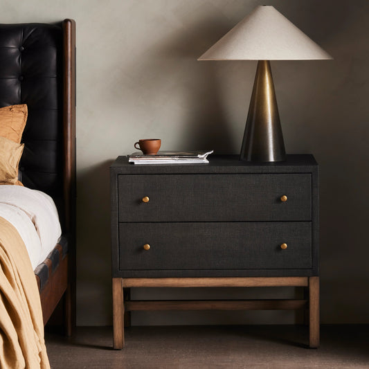 Fiona Nightstand by Four Hands in black raffia. Made from sugar palm, solid mahogany, iron in a modern style.