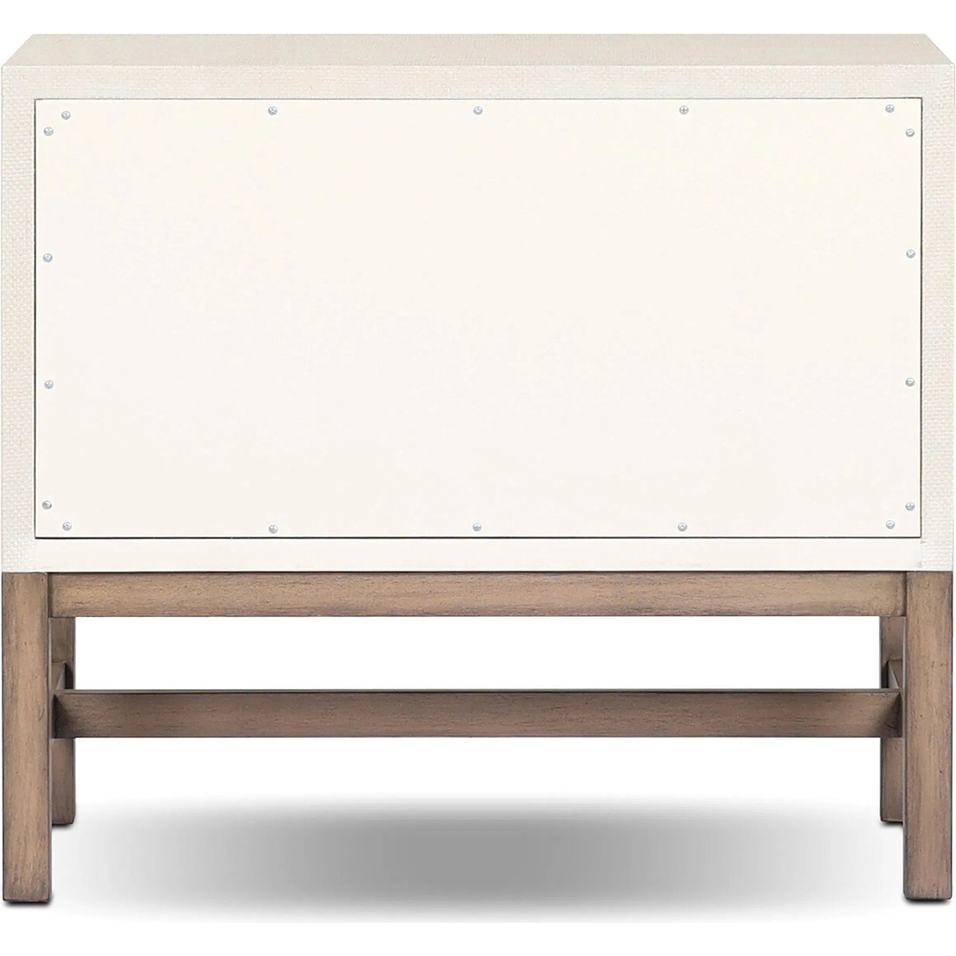 Fiona Nightstand by Four Hands in ivory painted raffia, russet mahogany, light antique brass. Made from sugar palm, solid mahogany, steel in a transitional style.