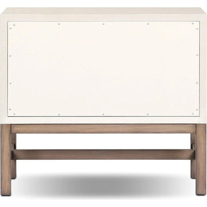 Fiona Nightstand by Four Hands in ivory painted raffia, russet mahogany, light antique brass. Made from sugar palm, solid mahogany, steel in a transitional style.