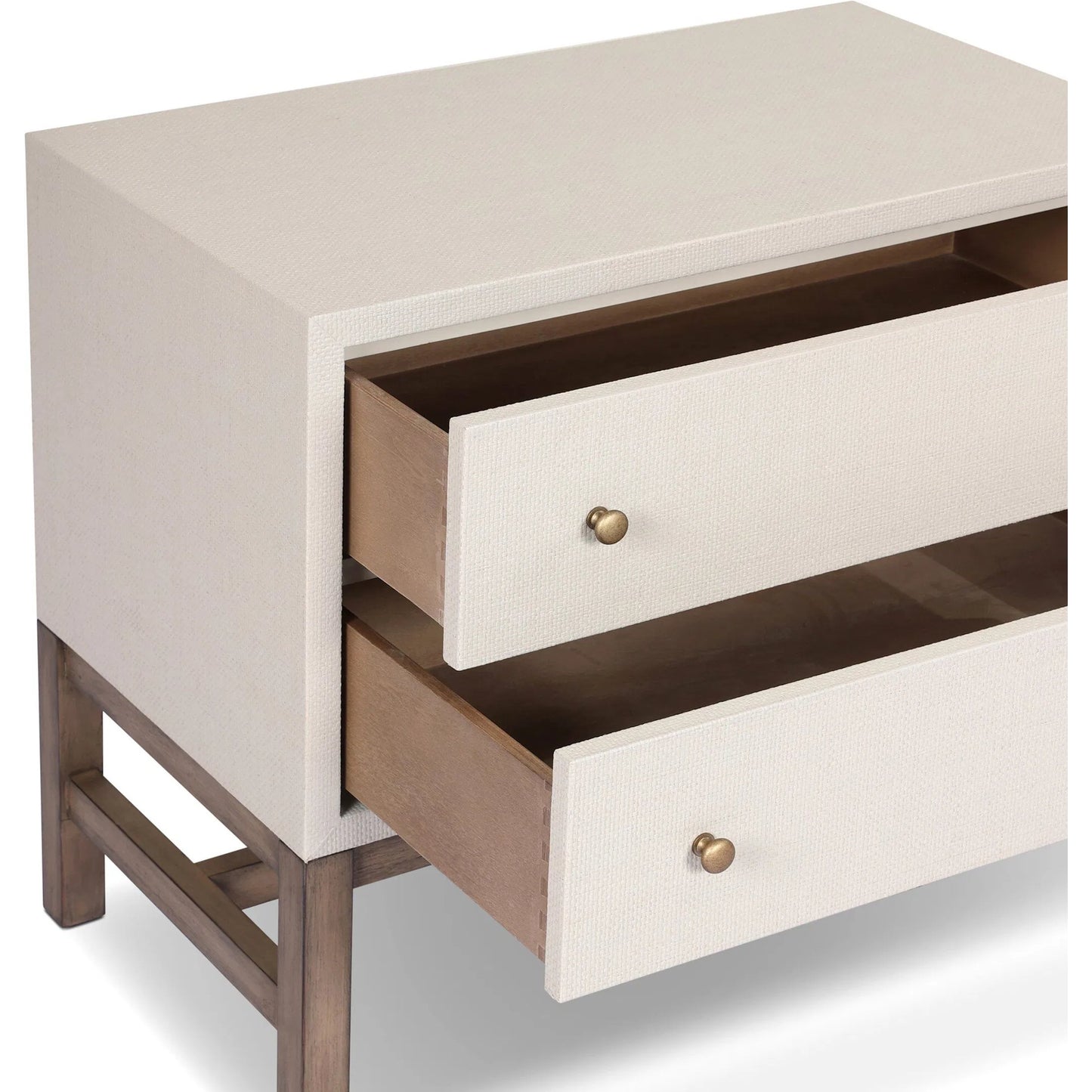 006 SI-2519173 | Closeup | Fiona Nightstand by Four Hands in ivory painted raffia, russet mahogany, light antique brass. Made from sugar palm, solid mahogany, steel in a transitional style.