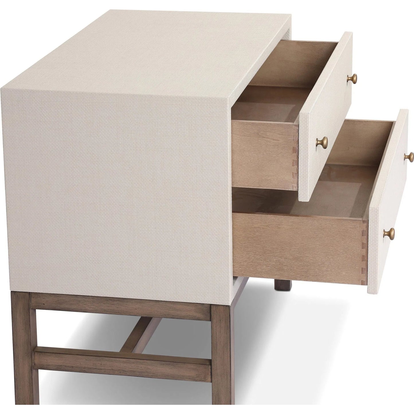 007 SI-2519173 | Closeup | Fiona Nightstand by Four Hands in ivory painted raffia, russet mahogany, light antique brass. Made from sugar palm, solid mahogany, steel in a transitional style.