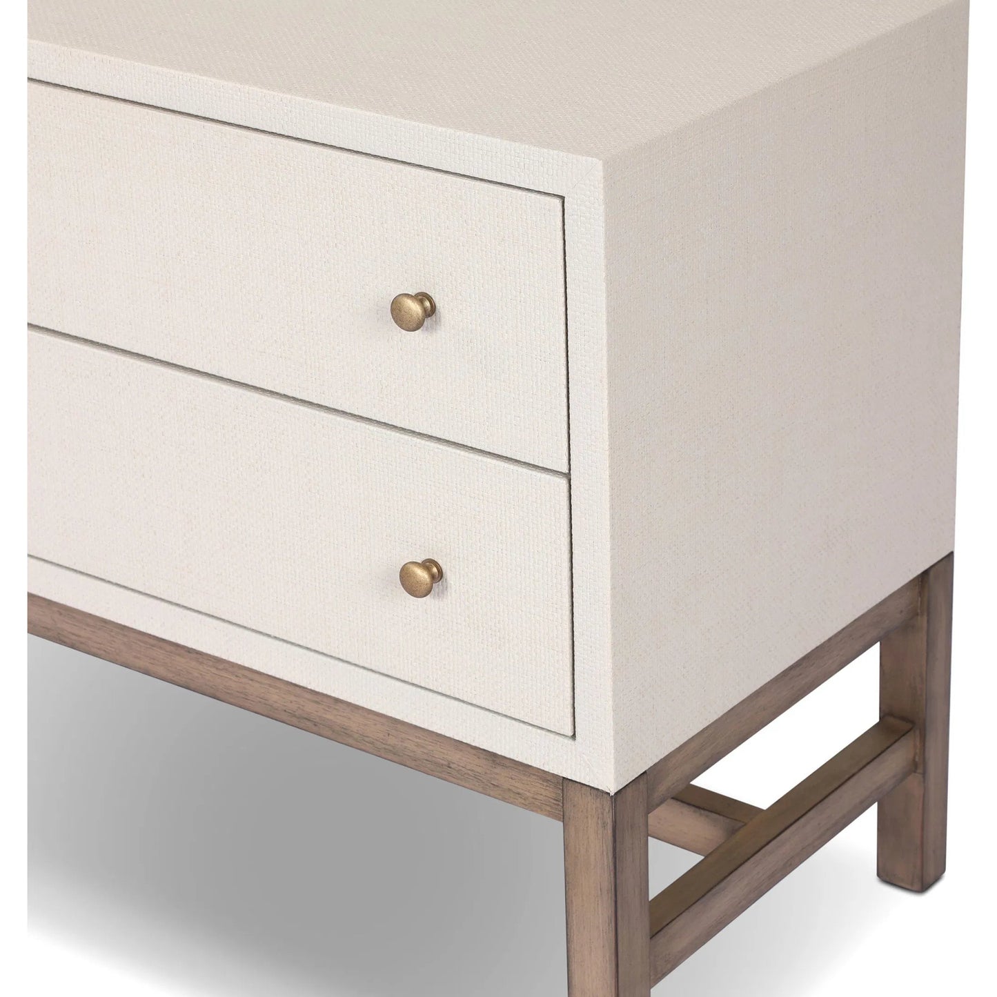 009 SI-2519173 | Closeup | Fiona Nightstand by Four Hands in ivory painted raffia, russet mahogany, light antique brass. Made from sugar palm, solid mahogany, steel in a transitional style.