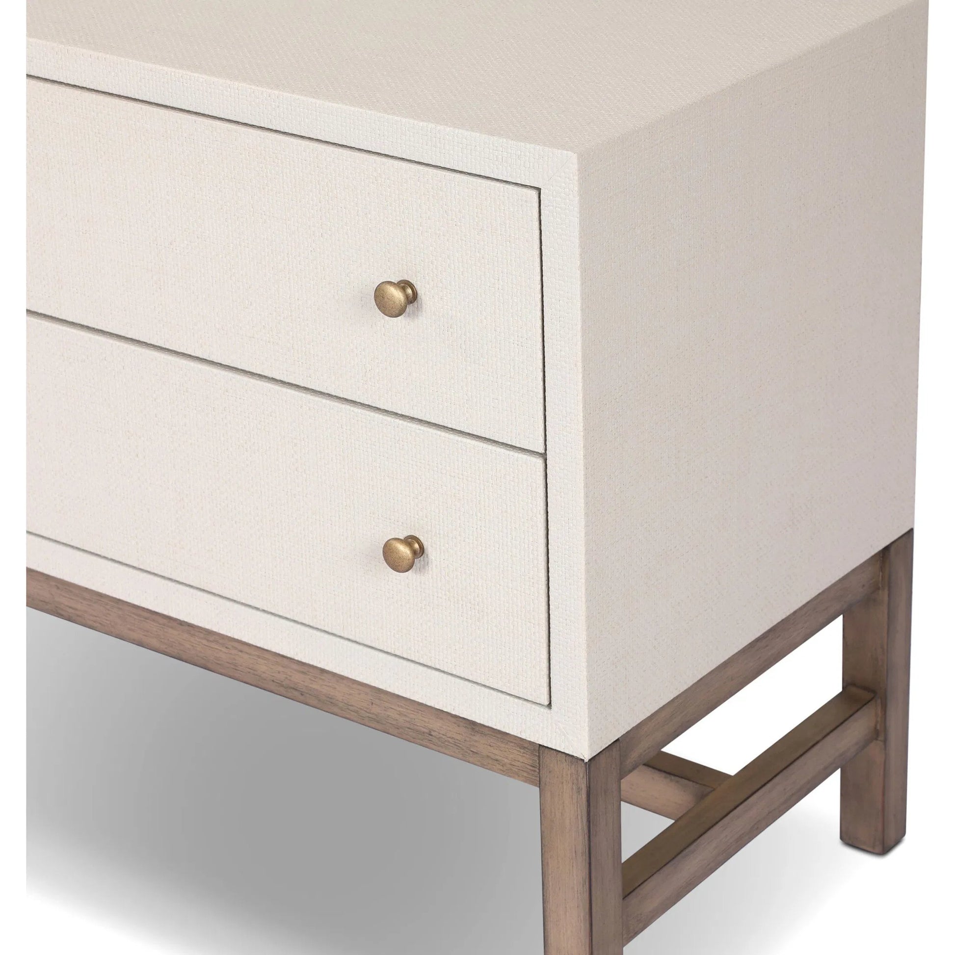 Fiona Nightstand by Four Hands in ivory painted raffia, russet mahogany, light antique brass. Made from sugar palm, solid mahogany, steel in a transitional style.