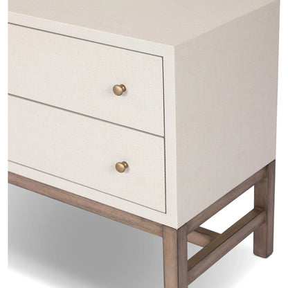 Fiona Nightstand by Four Hands in ivory painted raffia, russet mahogany, light antique brass. Made from sugar palm, solid mahogany, steel in a transitional style.