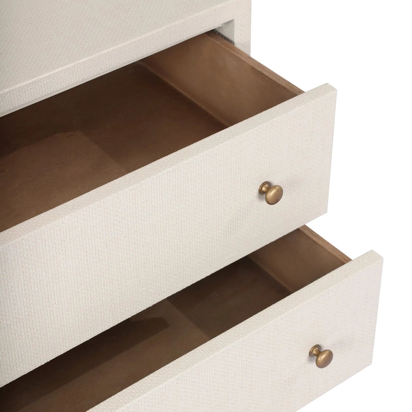 010 SI-2519173 | Closeup | Fiona Nightstand by Four Hands in ivory painted raffia, russet mahogany, light antique brass. Made from sugar palm, solid mahogany, steel in a transitional style.