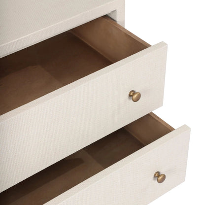 Fiona Nightstand by Four Hands in ivory painted raffia, russet mahogany, light antique brass. Made from sugar palm, solid mahogany, steel in a transitional style.