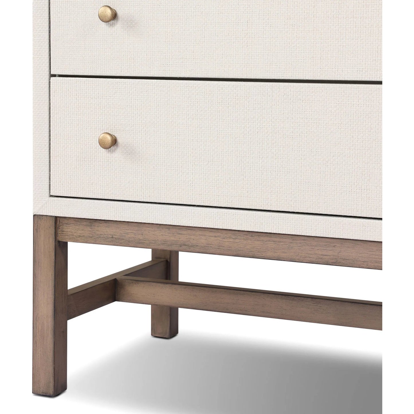 011 SI-2519173 | Closeup | Fiona Nightstand by Four Hands in ivory painted raffia, russet mahogany, light antique brass. Made from sugar palm, solid mahogany, steel in a transitional style.