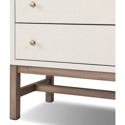 Fiona Nightstand by Four Hands in ivory painted raffia, russet mahogany, light antique brass. Made from sugar palm, solid mahogany, steel in a transitional style.