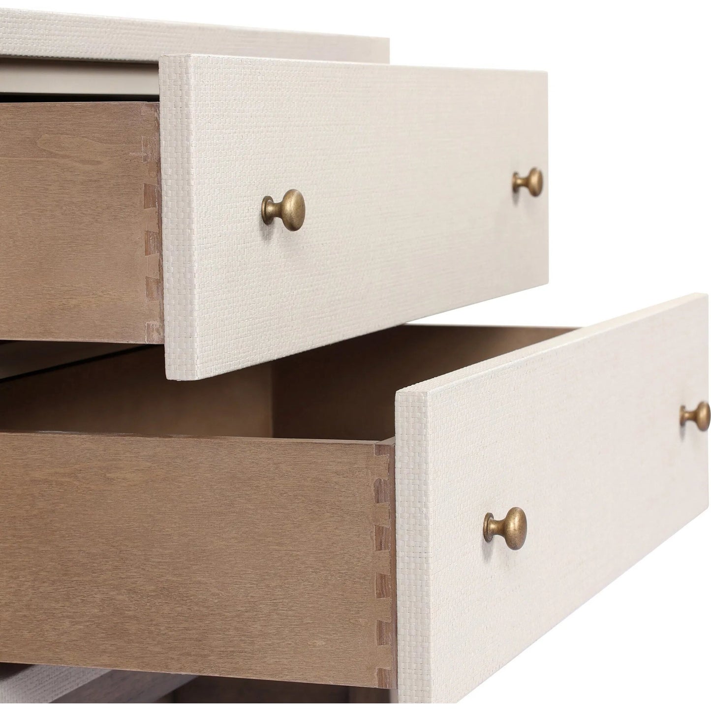 012 SI-2519173 | Closeup | Fiona Nightstand by Four Hands in ivory painted raffia, russet mahogany, light antique brass. Made from sugar palm, solid mahogany, steel in a transitional style.