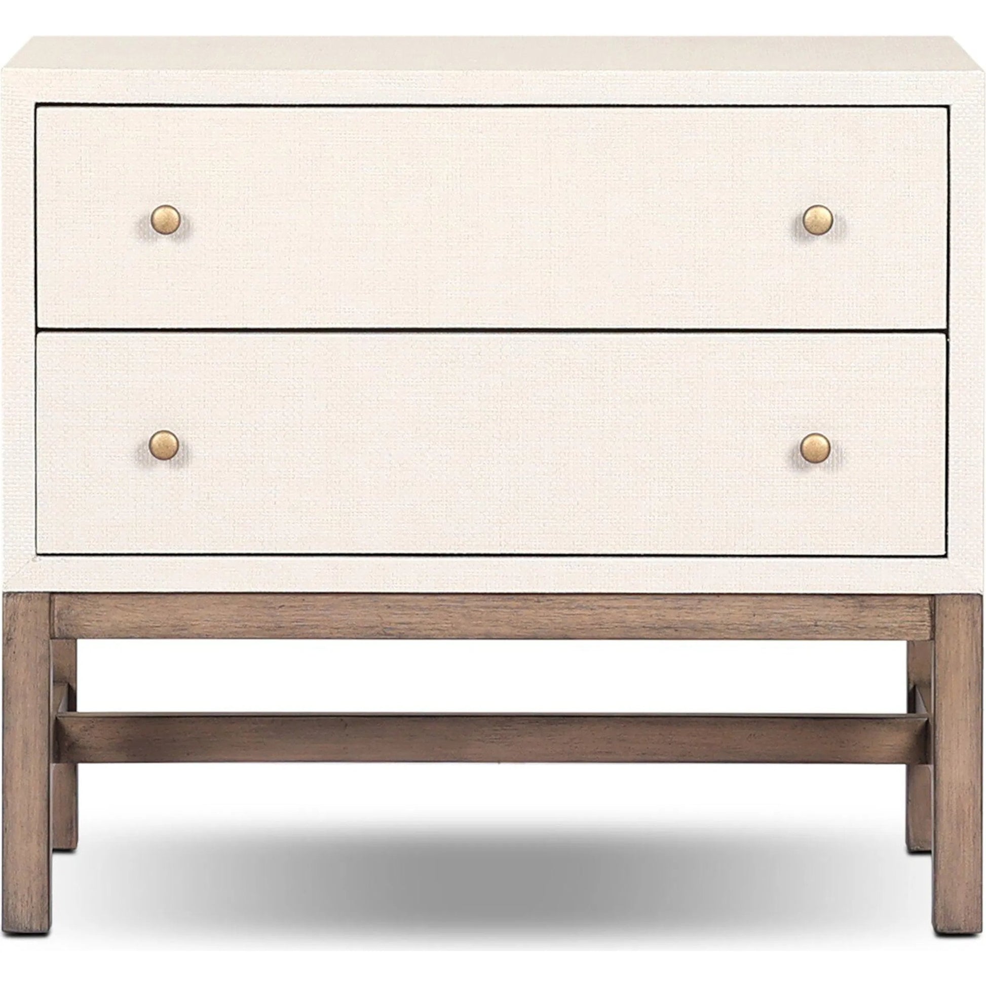 Fiona Nightstand by Four Hands in ivory painted raffia, russet mahogany, light antique brass. Made from sugar palm, solid mahogany, steel in a transitional style.