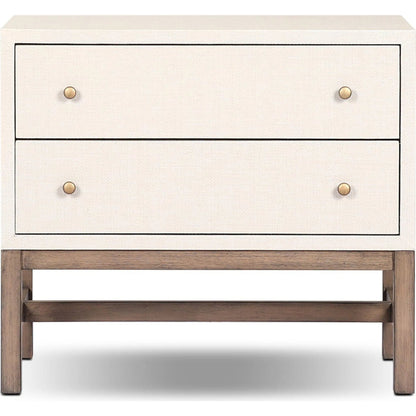 Fiona Nightstand by Four Hands in ivory painted raffia, russet mahogany, light antique brass. Made from sugar palm, solid mahogany, steel in a transitional style.